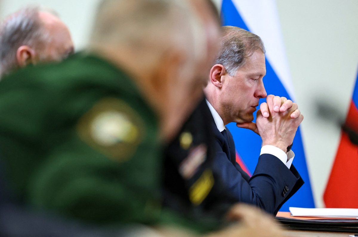 Russian First Deputy Prime Minister Denis Manturov attends a meeting on the development strategy of the Russian Navy submarine forces held by President Vladimir Putin in Severodvinsk, Arkhangelsk region, Russia July 24, 2025.