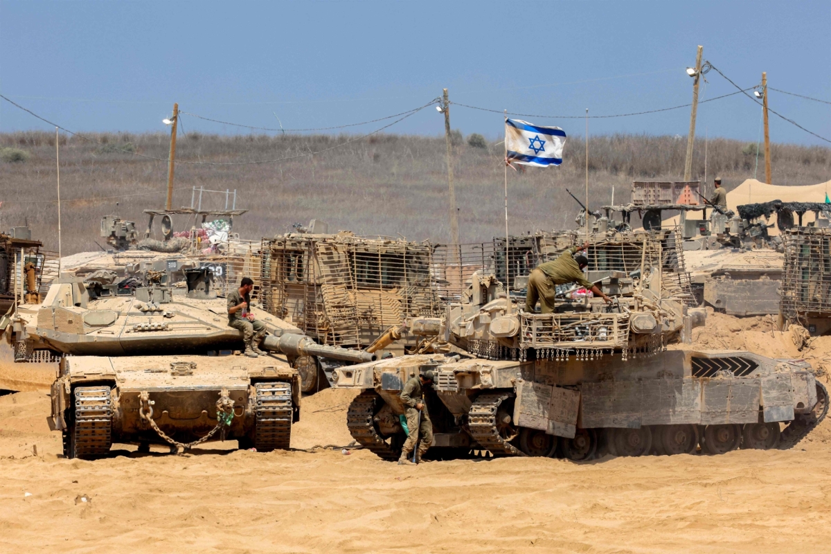 An Israeli battle tank deployed at a position along the border with the Gaza Strip and southern Israel on July 29, 2025.