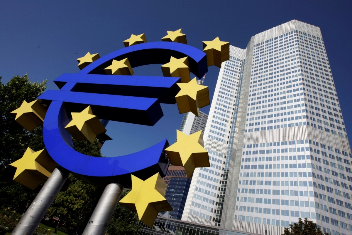 A model of the euro in front of the European Central Bank headquarters in Frankfurt, Germany.