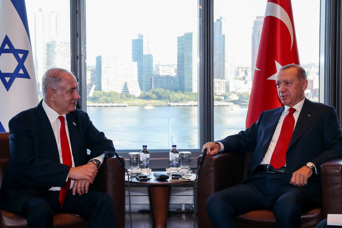 Turkey's President Recep Tayyip Erdogan (R) meeting with Israel's Prime Minister Benjamin Netanyahu (L) on the sidelines of the 78th United Nations General Assembly at UN headquarters in New York City on September 19, 2023.