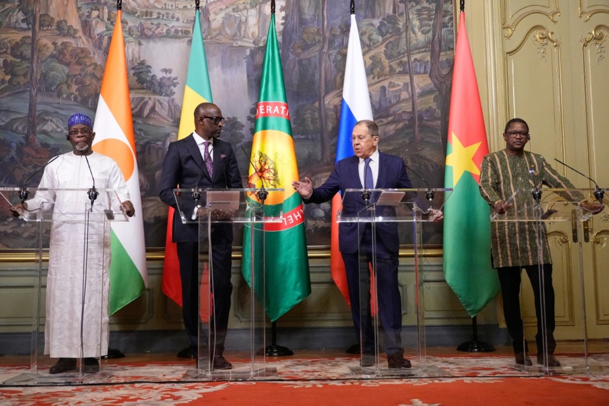 The foreign ministers of the Confederation of Sahel States attend a press conference with Russian Foreign Minister Sergei Lavrov in Moscow on April 3, 2025.
