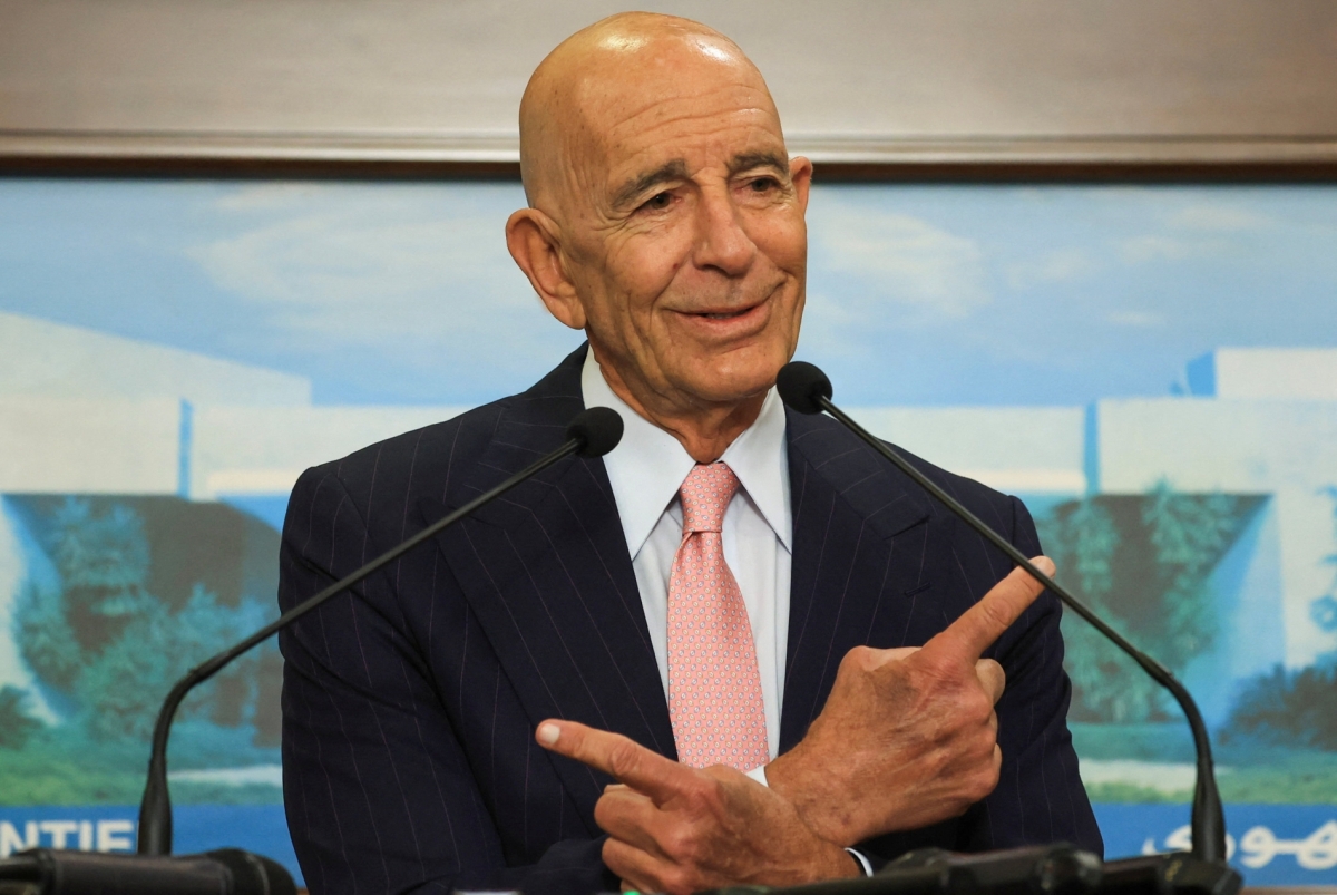 US Ambassador to Türkiye Tom Barrack, also special envoy to Syria, fields questions from journalists after meeting with Lebanese President Joseph Aoun at the presidential palace in Baabda, Lebanon, on August 18, 2025.