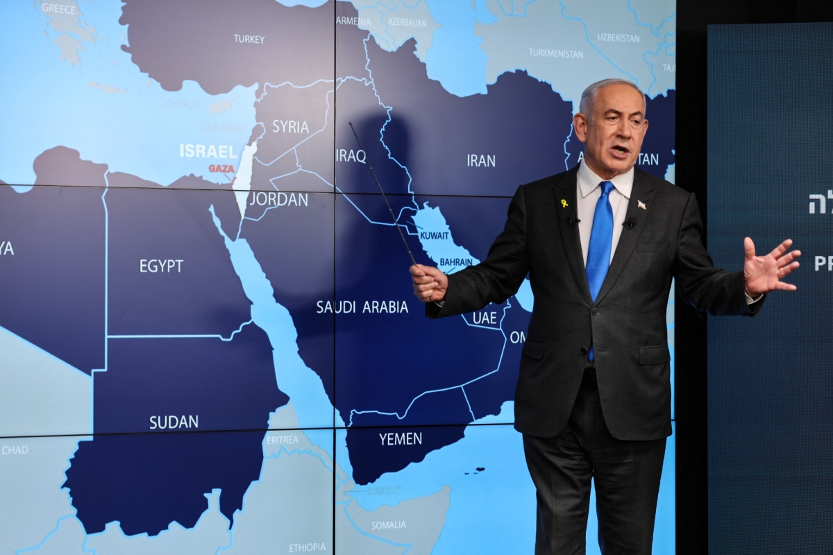 Israel's Prime Minister Benjamin Netanyahu speaks in front of a map of the Middle East during a press conference at the Government Press Office (GPO) in Jerusalem on September 4, 2024.