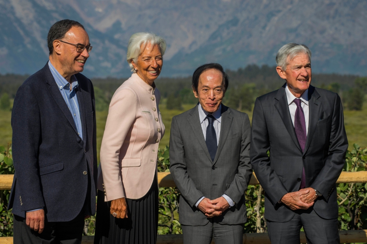 US Federal Reserve Chairman Jerome Powell, his Japanese counterpart Kazuo Ueda, European Central Bank President Christine Lagarde, and Bank of England Governor Andrew Bailey, at Jackson Hole in Moran on August 22, 2025.