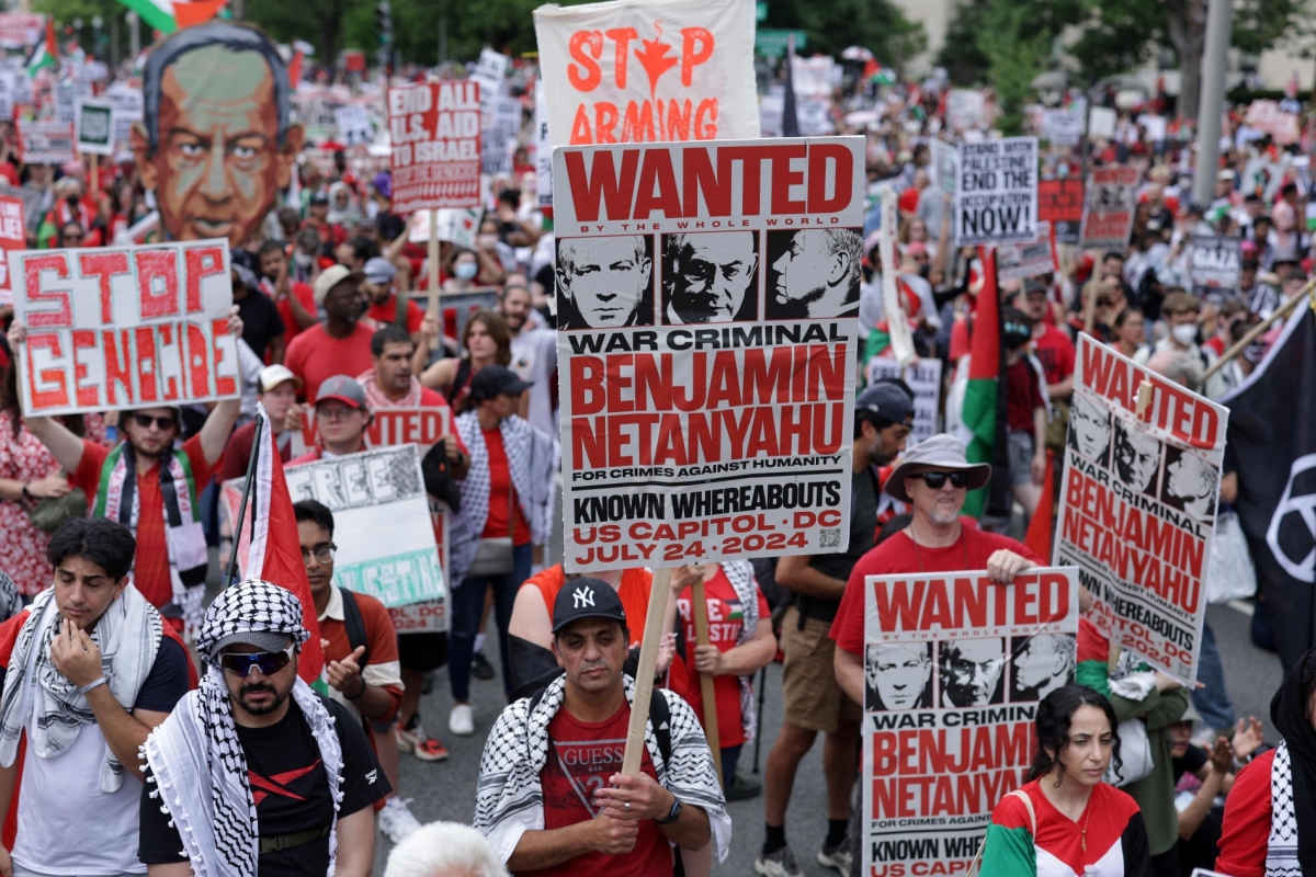 Activists protest near the US Capitol on July 24, 2024, in Washington, DC. Activists staged multiple demonstrations near the Capitol to protest Prime Minister Benjamin Netanyahu&#039;s visit to Washington and Israel&#039;s war on Gaza.