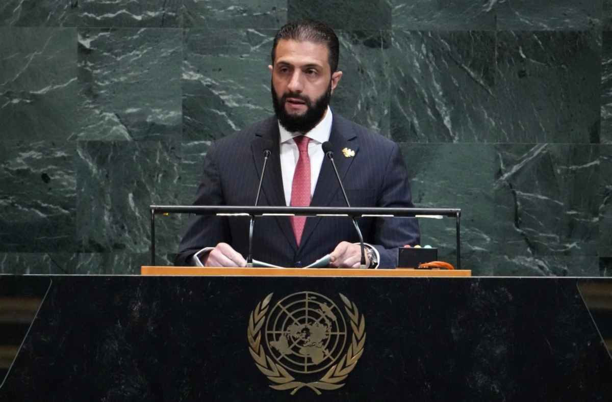 Syrian President Ahmed al-Sharaa speaks during the General Debate of the United Nations General Assembly at the UN headquarters in New York City on September 24, 2025.