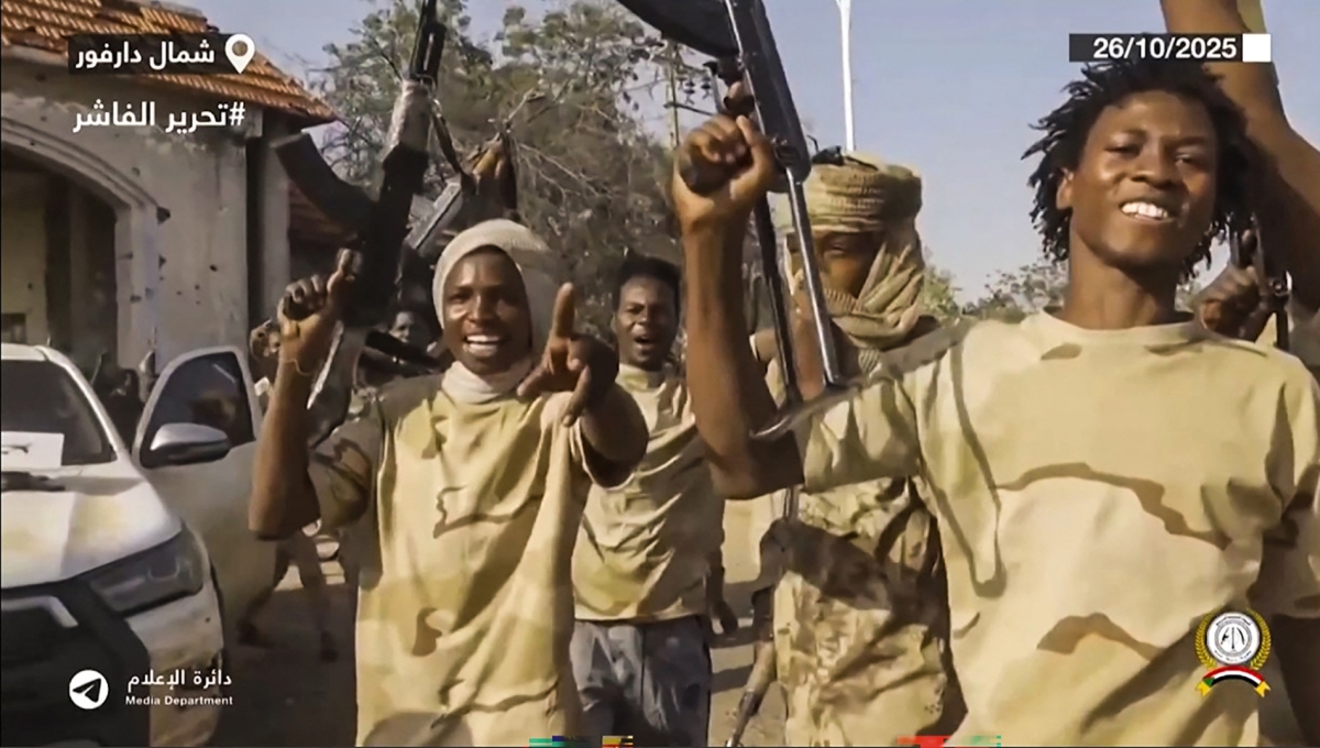 This image grab taken from handout video footage released on Sudan&#039;s paramilitary Rapid Support Forces Telegram account on 26 October 2025, shows RSF fighters celebrating in the streets of el-Fasher.