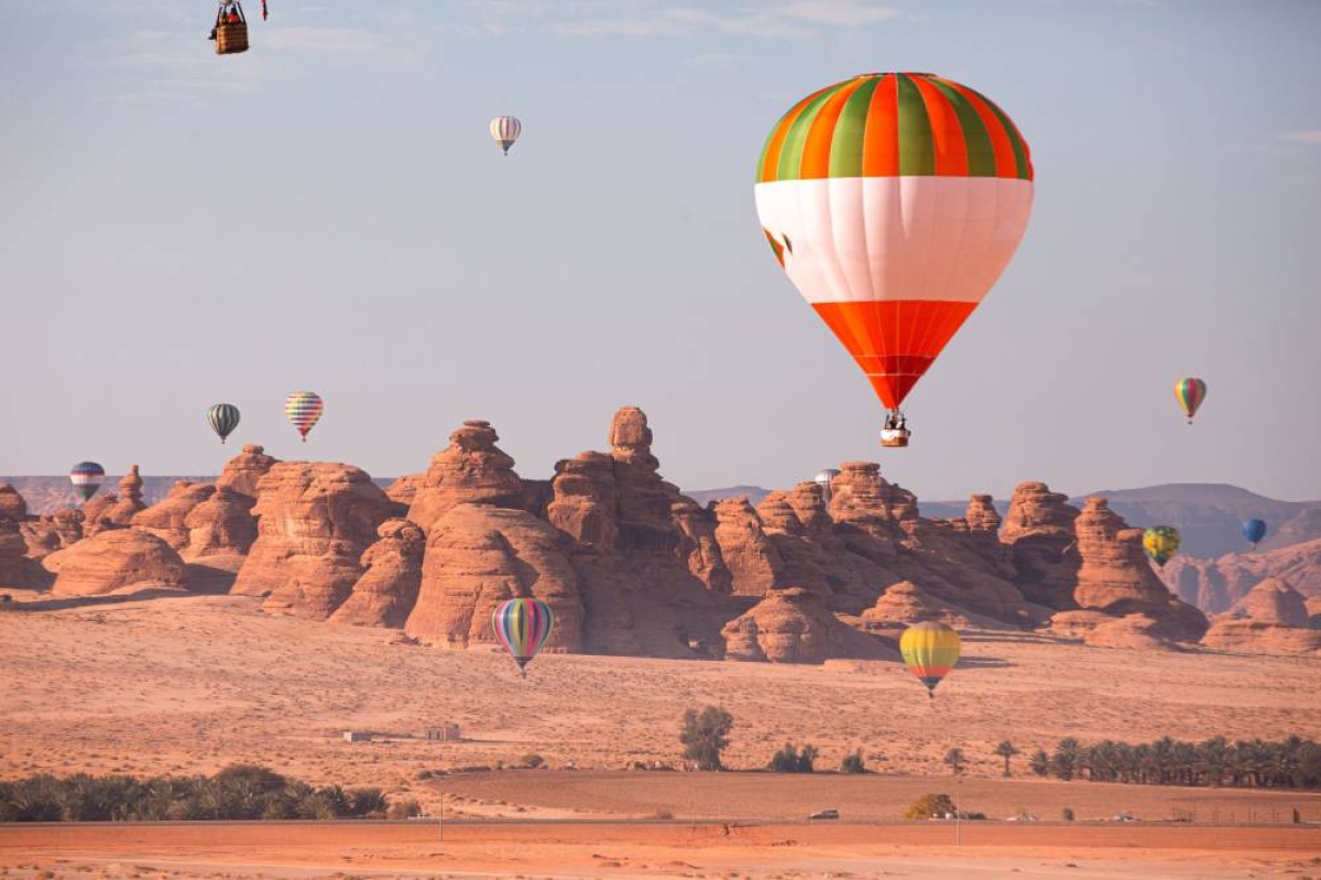Hot Air Balloon Festival over Mada&#039;in Saleh (Hegra) ancient site, AlUla, Saudi Arabia. was taken in 2020 Mar 18