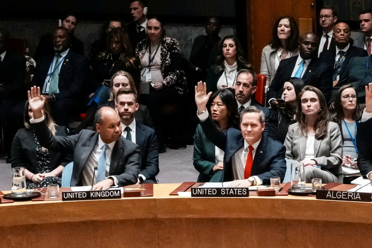 US Ambassador to the UN Michael Waltz and Britain's Deputy Ambassador James Kariuki vote in favour of an international stabilisation force in Gaza, at UN Headquarters in New York City, US, on 17 November 2025.