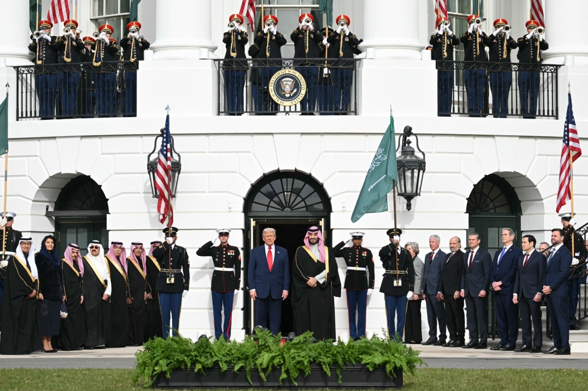 US President Donald Trump greets Saudi Crown Prince Mohammed bin Salman on the South Lawn at the White House in Washington, DC on 18 November 2025.