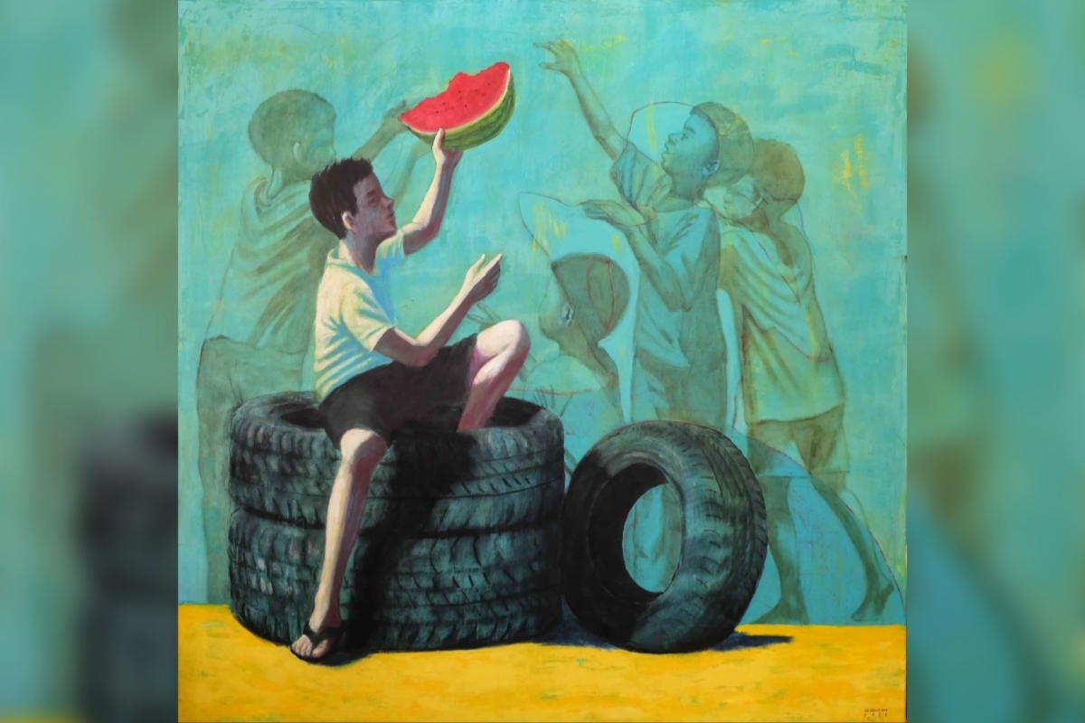 A work from Syrian artist Shadi Abu Saada&#039;s latest exhibition, &#039;Migrants&#039;.