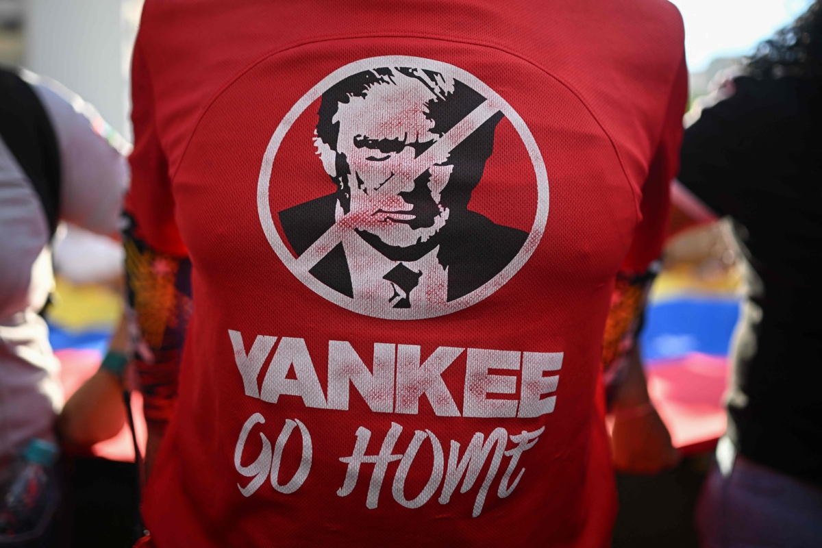 A t-shirt worn by a supporter of Venezuelan President Nicolas Maduro during a rally against US military activity in the Caribbean, in Caracas on 30 October 2025.
