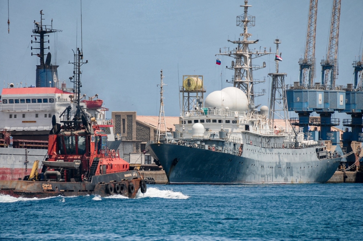 A Russian navy ship docked at the port of the Sudanese city of Port Sudan on 27 April 2021.