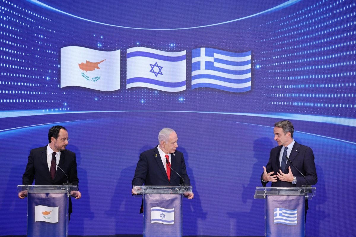 Israeli Prime Minister Benjamin Netanyahu, Cyprus President Nikos Christodoulides and Greek Prime Minister Kyriakos Mitsotakis hold a joint press conference after a trilateral meeting in Jerusalem, on 22 December 2025.