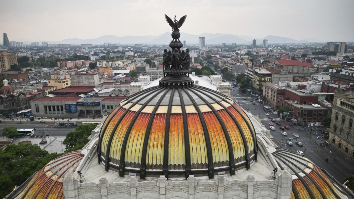 An aerial view of the dome of the Palace of Fine Arts Museum in Mexico City, on 22 May 2024.