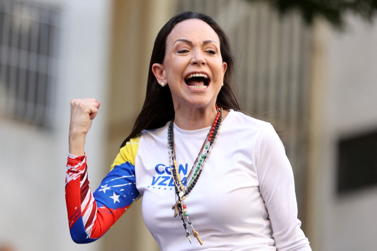 Venezuelan opposition leader Maria Corina Machado gestures at a protest ahead of the Friday inauguration of President Nicolas Maduro for his third term, in Caracas, Venezuela, on 9 January 2025. 
