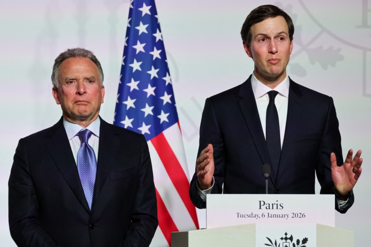 US Special Envoy Steve Witkoff and Jared Kushner deliver remarks upon the signing of the declaration on deploying post-ceasefire force in Ukraine during the Coalition of the Willing summit in Paris on 6 January 2026.