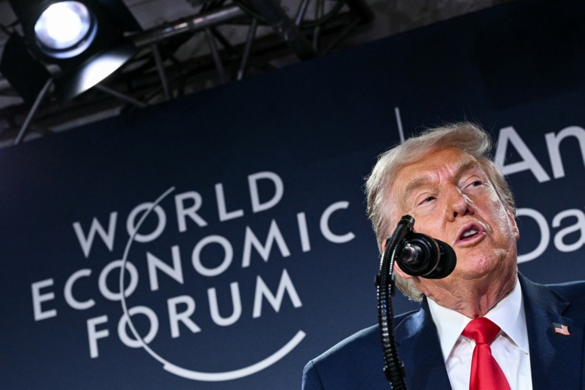 US President Donald Trump speaks during a reception with business leaders on the sidelines of the World Economic Forum (WEF) annual meeting in Davos on 21 January 2026.