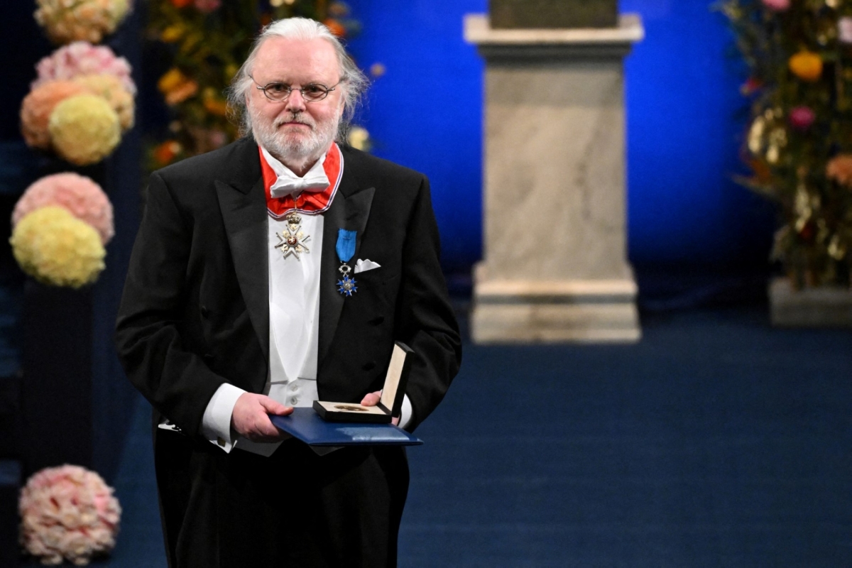 Norwegian author Jon Fosse receives the 2023 Nobel Prize in Literature during the award ceremony at the concert hall in Stockholm on 10 December 2023.