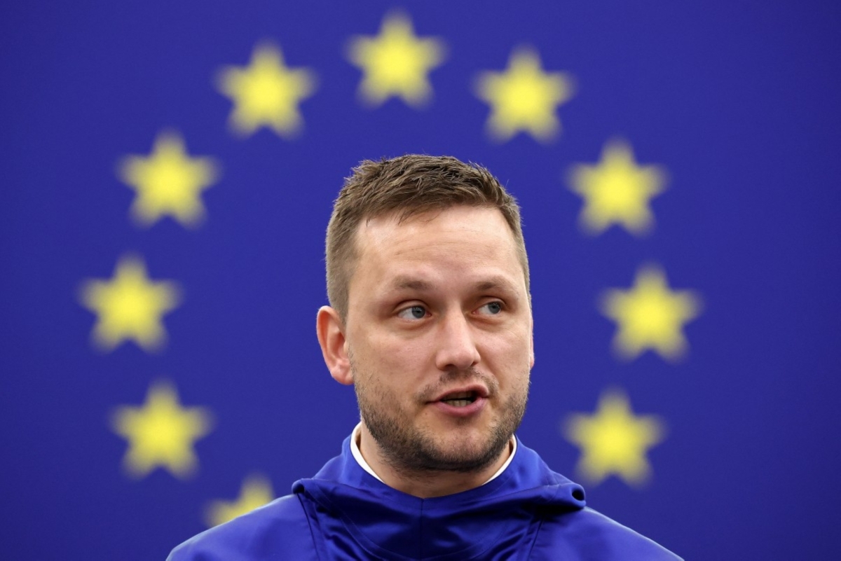 Greenland's Head of Government Jens-Frederik Nielsen addresses Members of European Parliament (MEP) during a formal sitting at the European Parliament in Strasbourg, eastern France, on 8 October 2025.