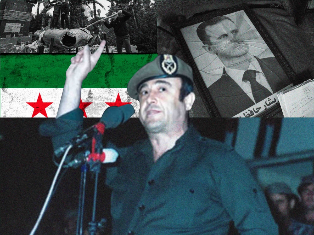 A composite image of Rifaat al-Assad and the new Syrian flag, with a destroyed statue of his brother Hafez al-Assad and a broken image of Bashar al-Assad after the fall of the regime on 8 December 2024.
 