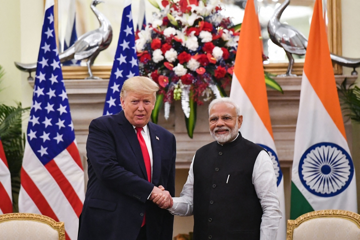 Incoming US President Donald Trump shakes hands with Indian Prime Minister Narendra Modi during a meeting in New Delhi, on 25 February 2020.