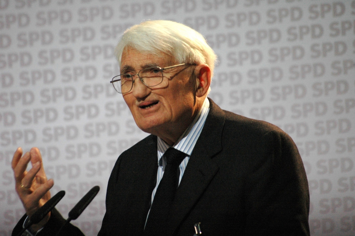 German philosopher Jürgen Habermas speaks from a podium at an event on philosophy and politics at the Willy Brandt House in Berlin, on 23 November 2007.
 