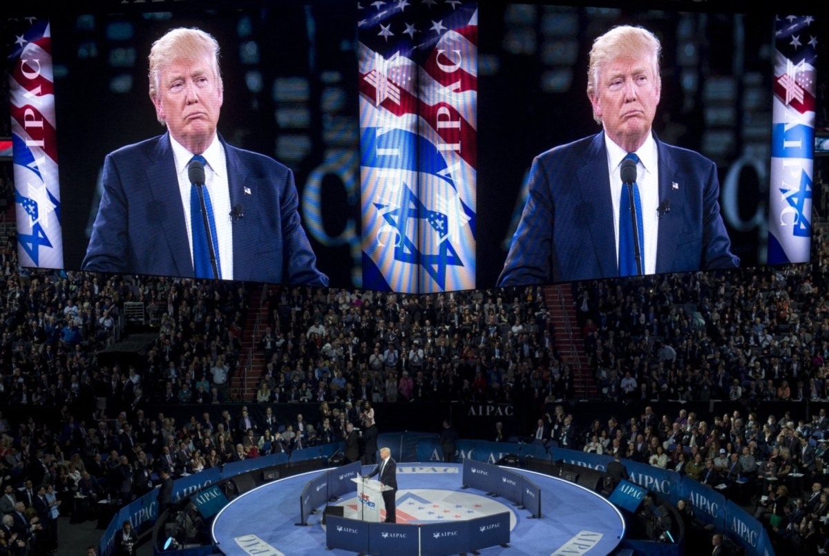 US Republican presidential hopeful Donald Trump speaks during the American Israel Public Affairs Committee (AIPAC) 2016 Policy Conference at the Verizon Centre in Washington, DC, on 21 March 2016.