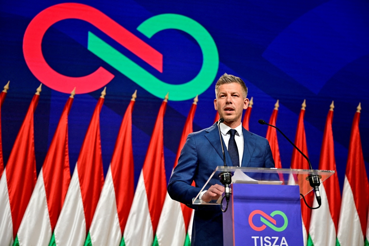 Magyar, leader of the opposition Tisza Party, speaks during a press conference a day after the parliamentary election, in which Hungarian Prime Minister Viktor Orban conceded defeat, Budapest, Hungary, on 13 April 2026.