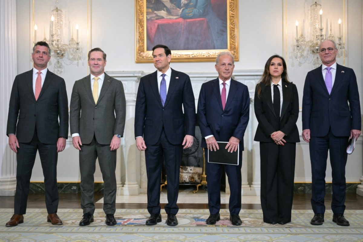 US Ambassador to the UN Mike Waltz, US Secretary of State Marco Rubio, US Ambassador to Lebanon Michel Issa, and Israeli Ambassador to the US Yechiel Leiter at the State Department in Washington, DC, on 14 April 2026.