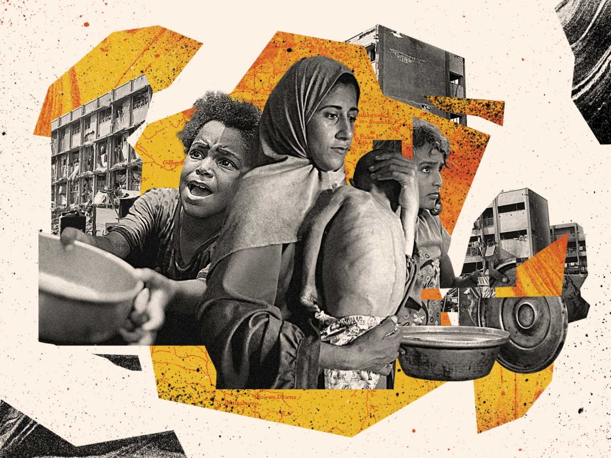 A collage of Israel's policy of destruction and starvation in Gaza.