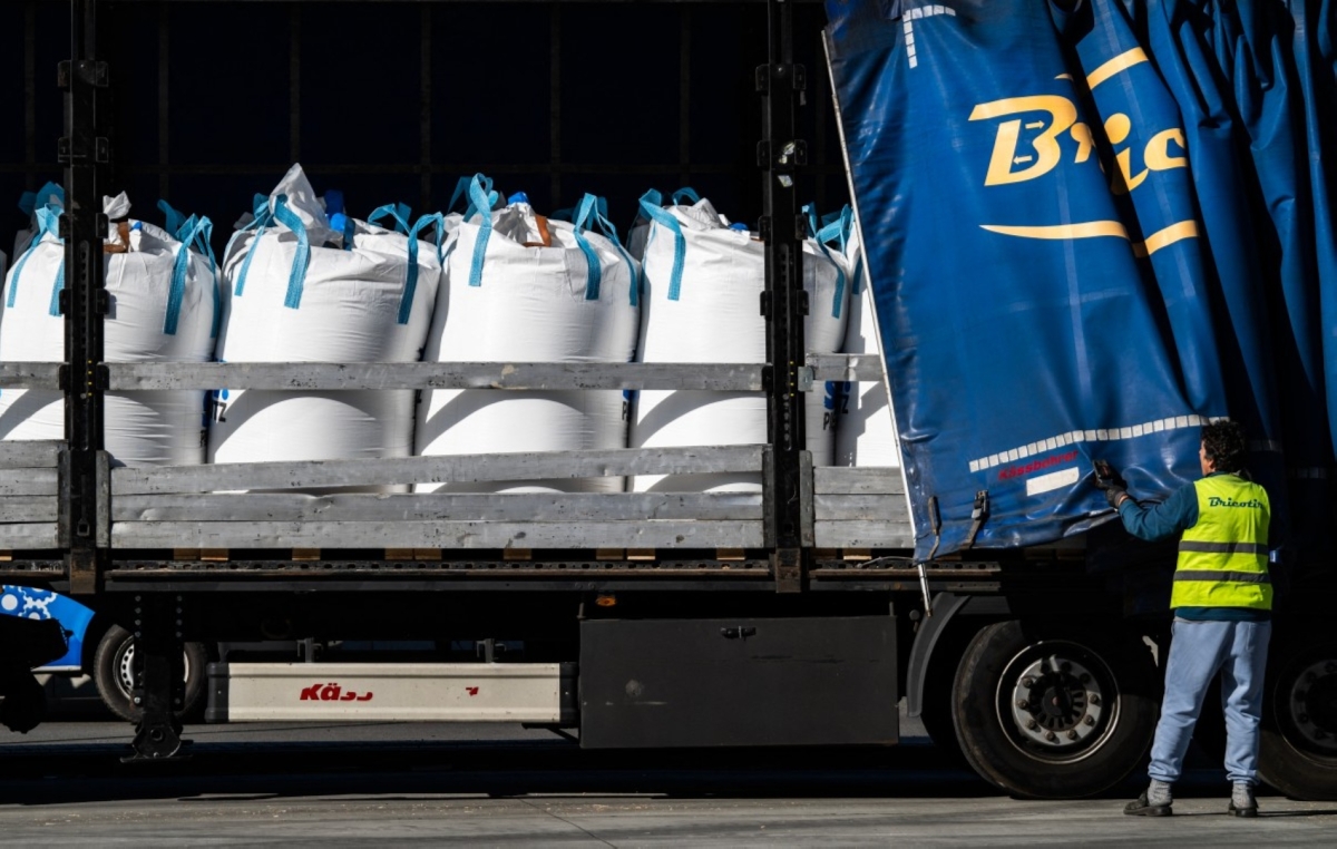 A truck is loaded with bulk bags containing fertiliser at the SKW Piesteritz agro-chemical plant in Piesteritz near Wittenberg, northern Germany, on 9 April 2026.