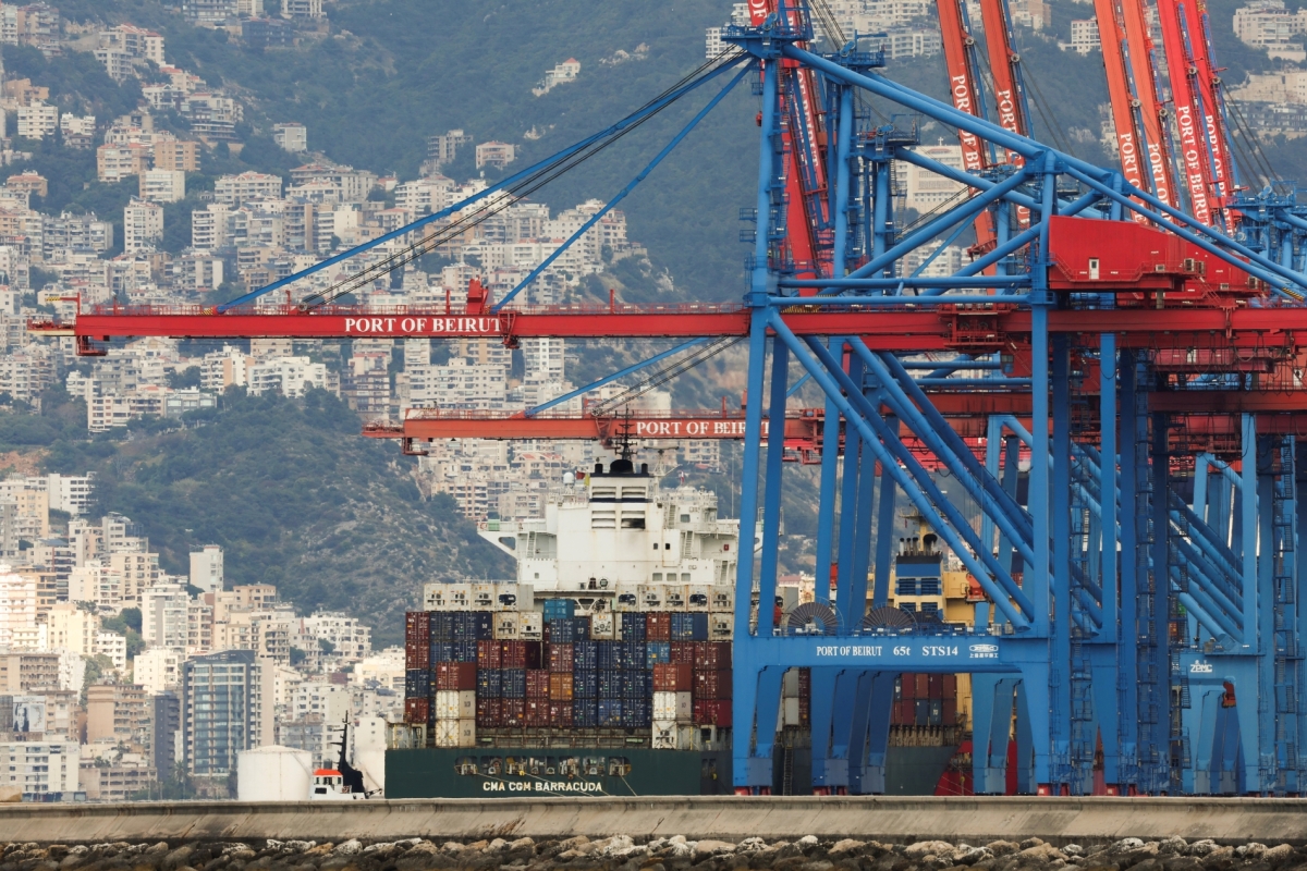 Containers and cranes at the port of Beirut, Lebanon, on 14 April 2025.