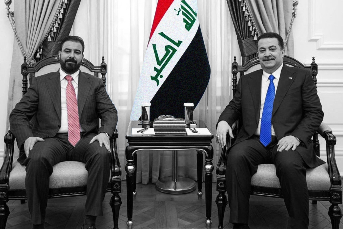 Outgoing Iraqi Prime Minister Mohammed Shia al-Sudani and Prime Minister-designate Ali al-Zaidi at the Government Palace in Baghdad on 27 April 2026.