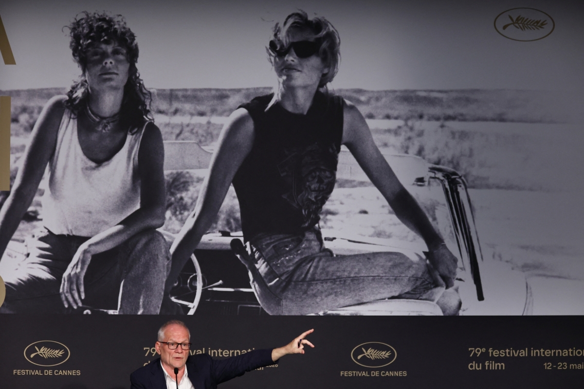 Festival General Delegate Thierry Fremaux speaks in front of the Cannes Festival official poster from the movie "Thelma &amp; Louise" during a press conference in Cannes, France, on 11 May 2026. 