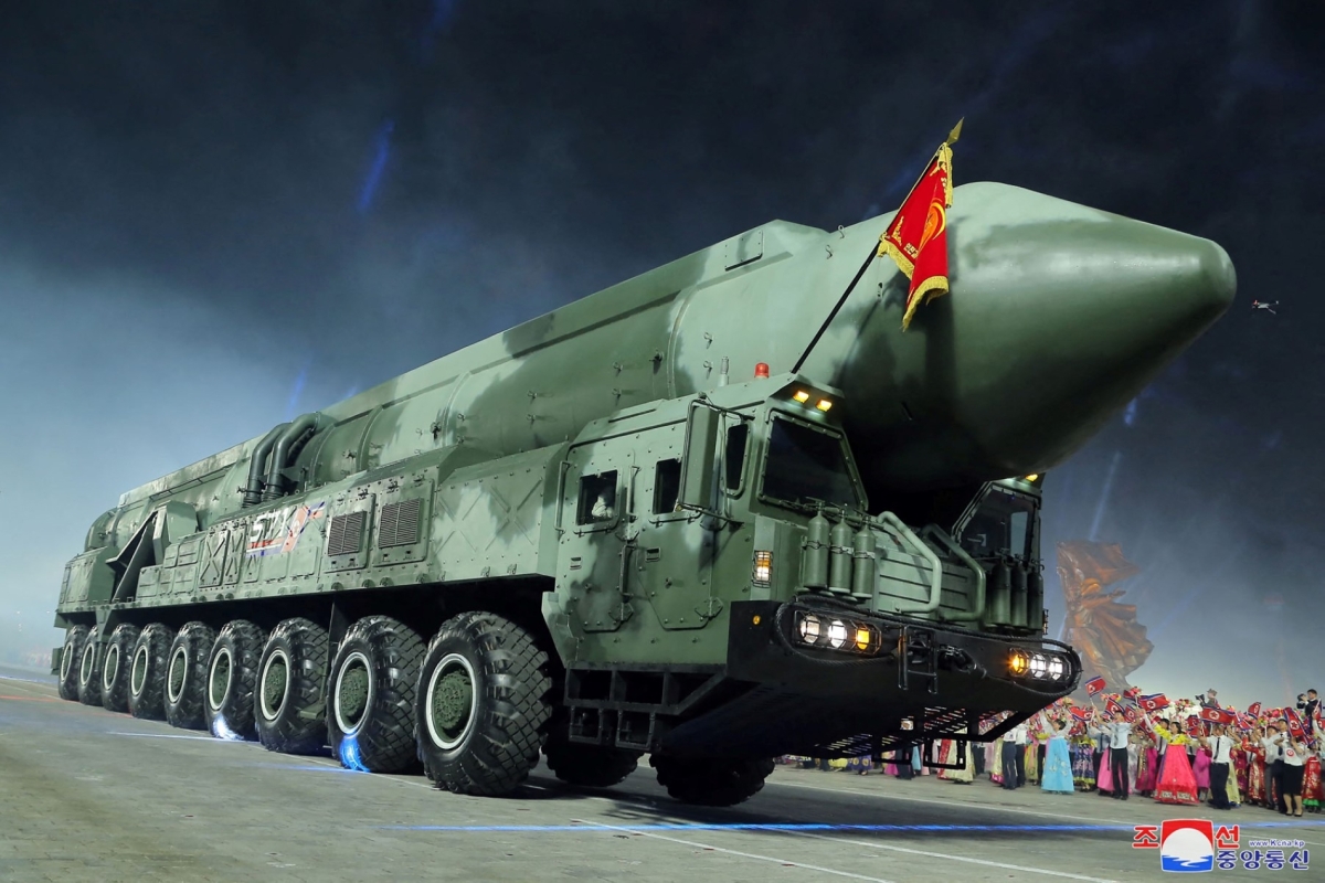 A new model of intercontinental ballistic missile (ICBM), the solid-fuel Hwasong-18, is paraded at Kim Il Sung Square in Pyongyang to mark a key anniversary of the Korean War on 27 July, 2023.