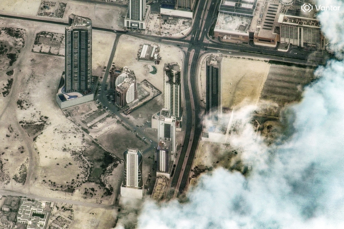 This handout satellite image, courtesy of Vantor, shows damage following a drone attack on a high-rise apartment building in Bahrain's capital Manama on 2 March 2026.