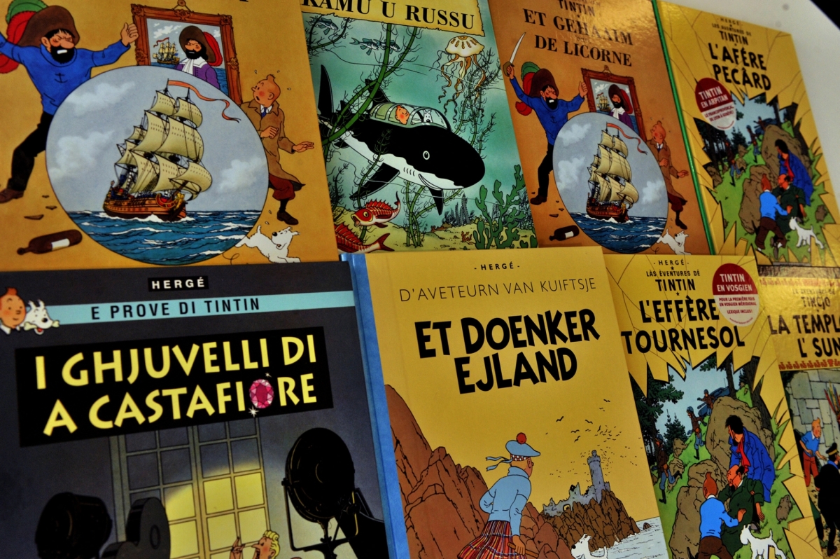 A picture taken on 24 January 2014 shows covers of the comic series Tintin translated into several languages at the Casterman publisher headquarters in Brussels.  