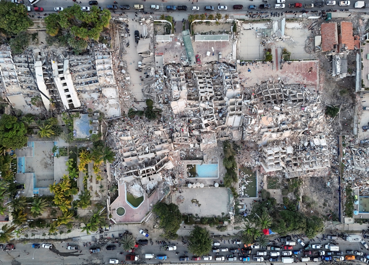 A drone view shows buildings destroyed by earthquakes in La Guaira, Venezuela, 26 June 2026. 
