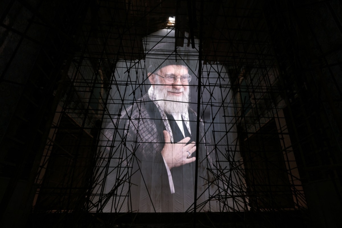 A picture of Iran's late Supreme Leader Ayatollah Ali Khamenei at the Grand Mosalla during his funeral ceremonies in Tehran on 4 July 2026.