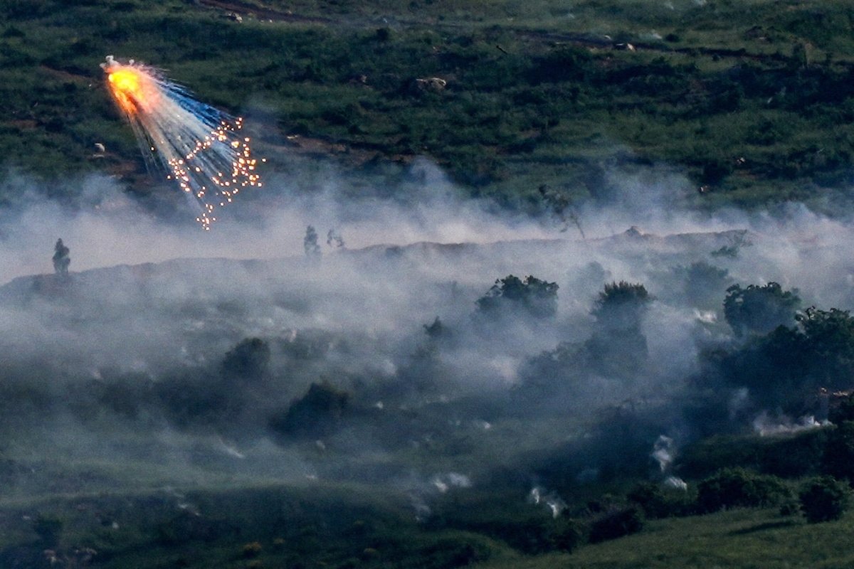An explosion of what appears to be white phosphorus fired by the Israeli military on the Lebanese side of the border on 10 May 2026.