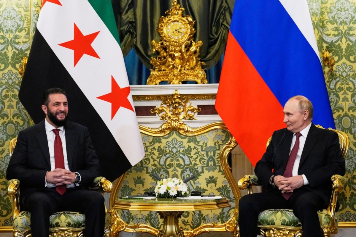 Russian President Vladimir Putin and Syrian President Ahmed al-Sharaa hold a meeting at the Grand Kremlin Palace in Moscow on 15 October 2026.