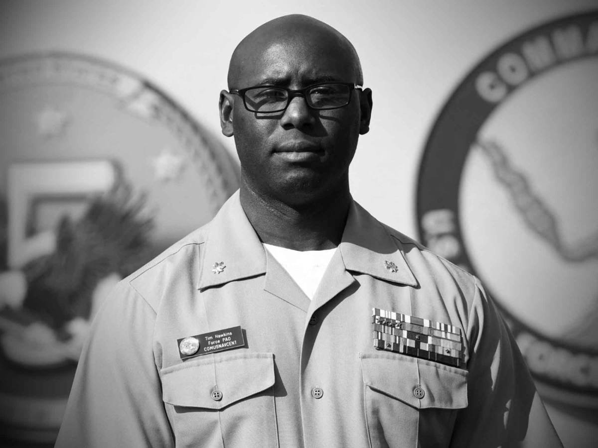 US Navy 5th Fleet spokesman Commander Tim Hawkins is pictured at the 5th Fleet Headquarters in the Bahraini capital Manama on 26 October 2021.
