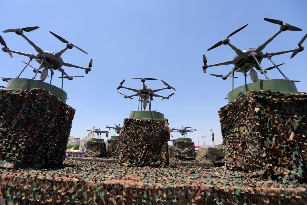 Drones displayed on a vehicle during a Houthi military parade in the capital, Sanaa, Yemen, on 21 September 2023.
 