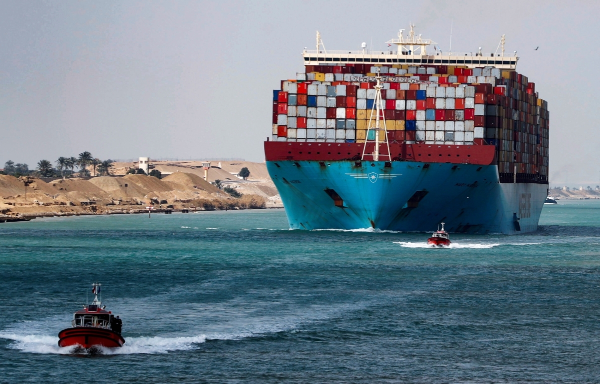 A container ship transits the Suez Canal on 15 February 2022.