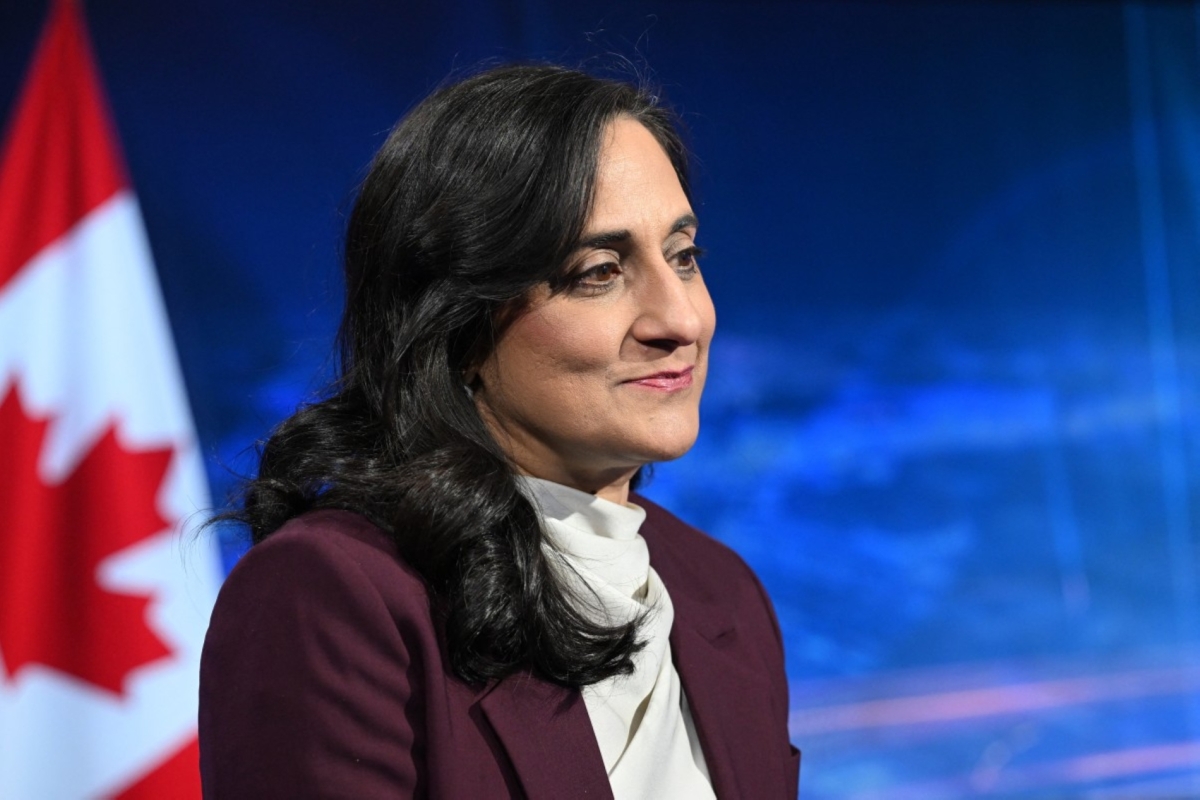 Canada's Foreign Minister Anita Anand answers journalists' questions during an interview as part of her visit to the NATO headquarters in Brussels on 11 May 2026.