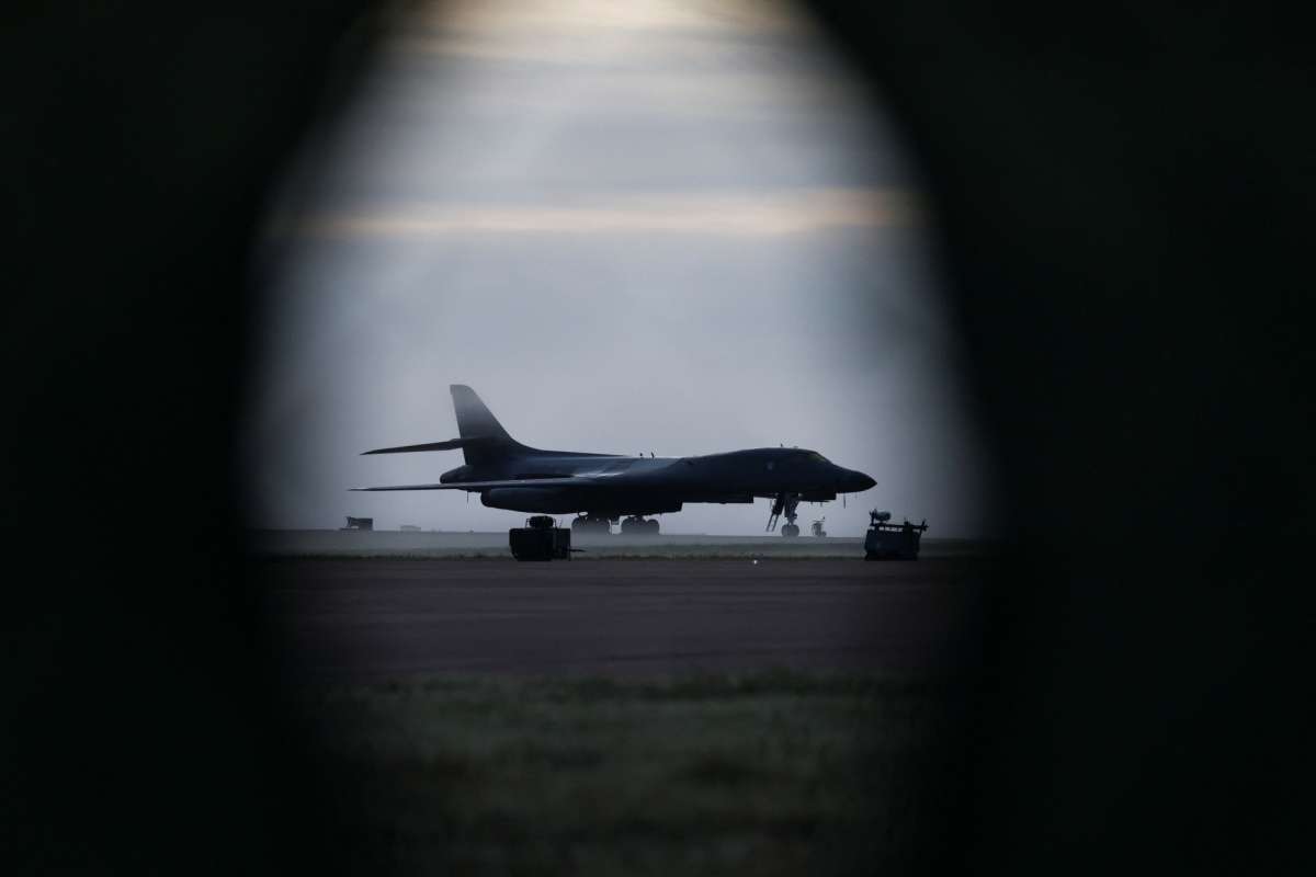 A B 1B Lancer bomber at the RAF Fairford airbase, after police declared a major incident in which several men were arrested on suspicion of offences under the Explosives Act, in Fairford, UK, on 27 September 2026.