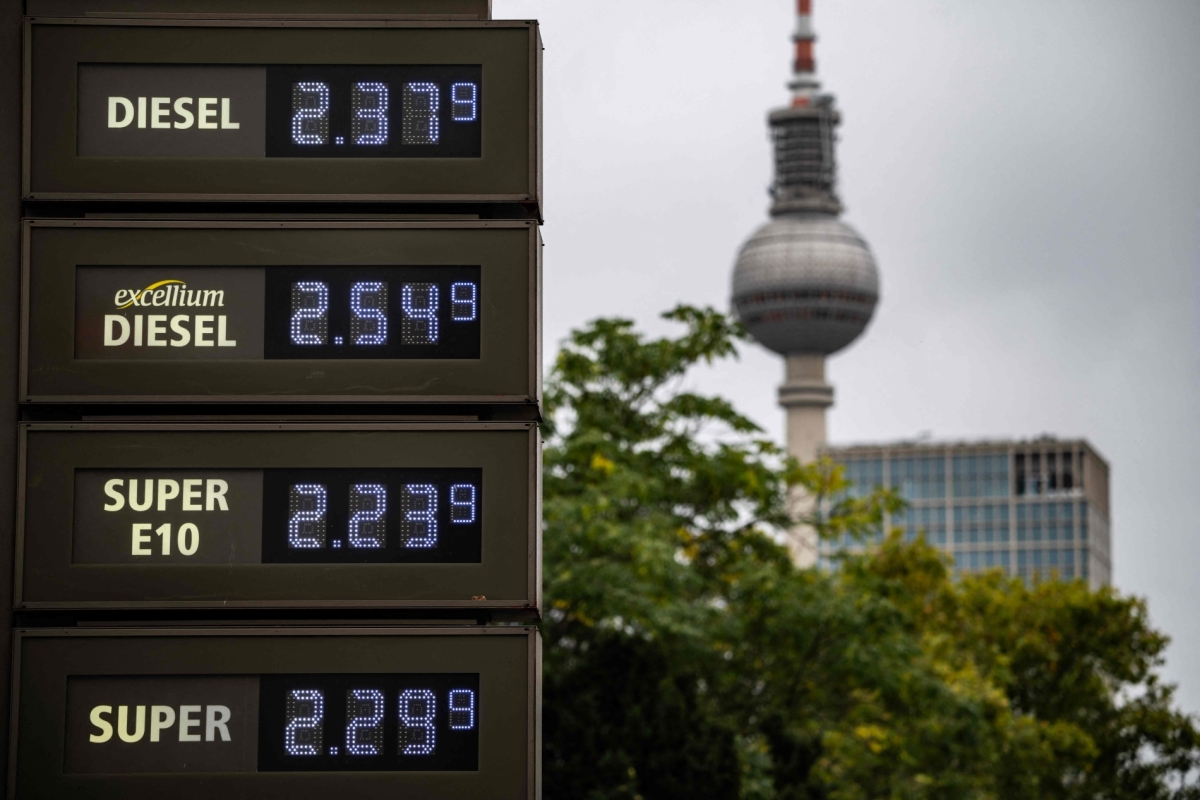 A digital billboard displays fuel prices at a petrol station in Berlin on 2 October 2026. 