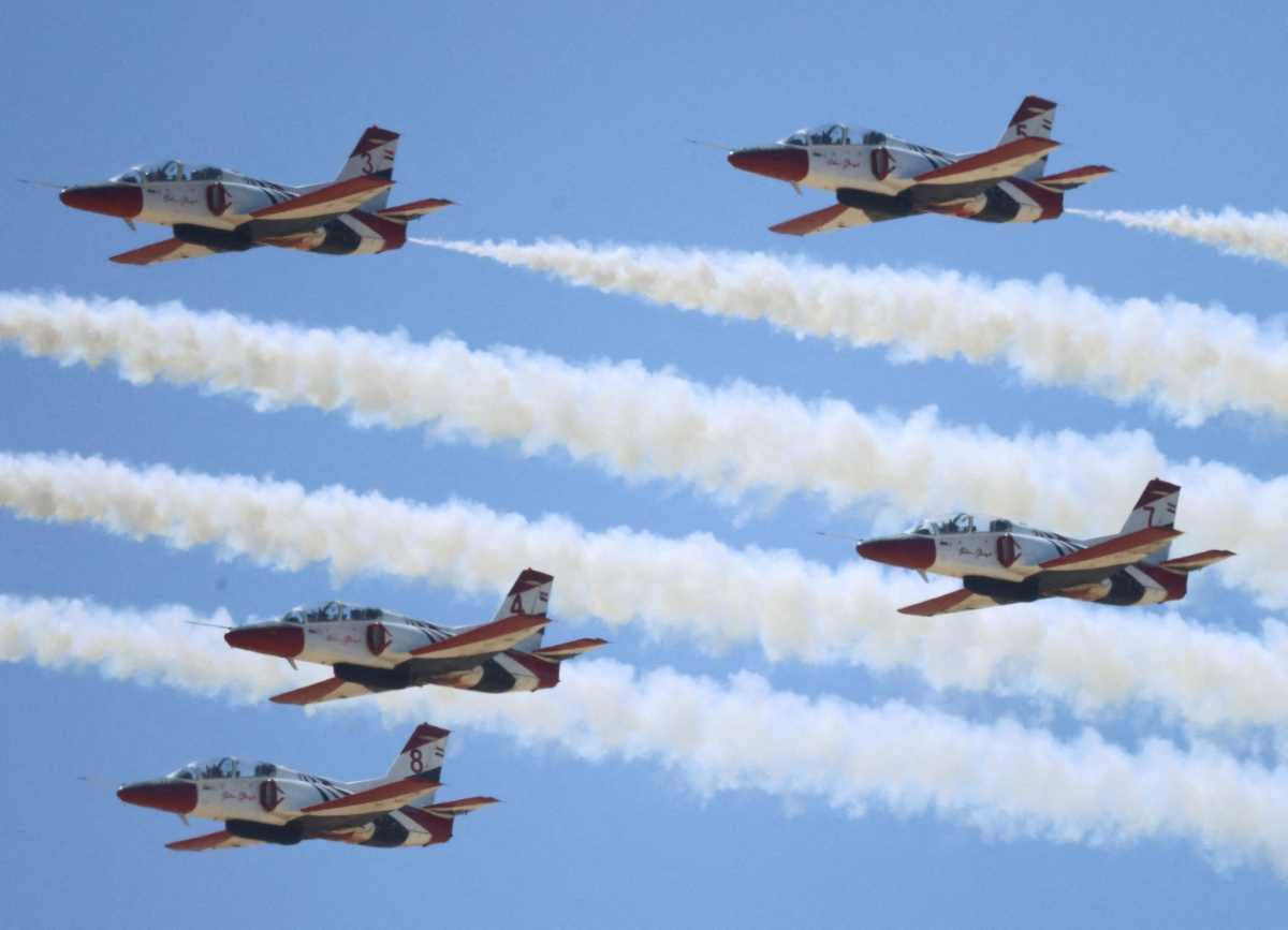 The Egyptian Air Force aerobatics team "Silver Stars" performs during the second international air show and aerospace expo at El Alamein International Airport in El Alamein, Egypt, on 9 September 2026. 