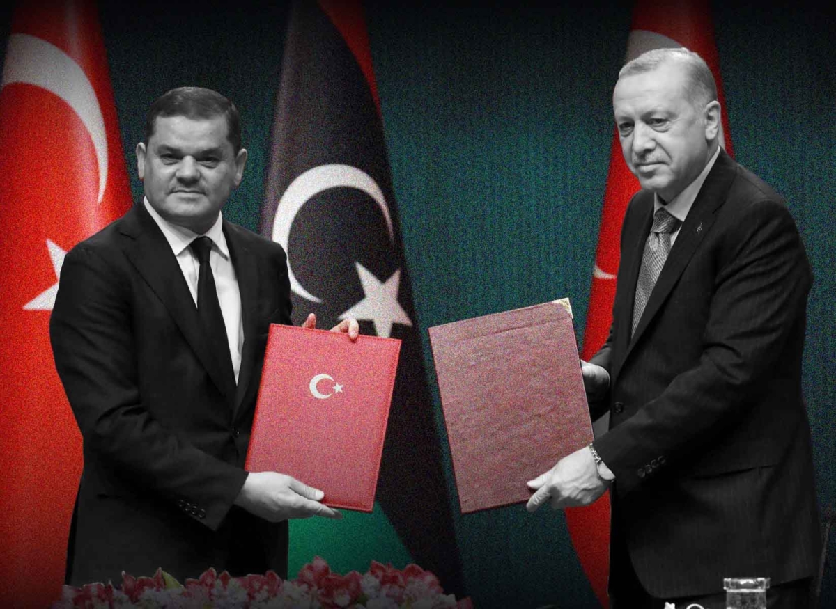 Turkish President Recep Tayyip Erdogan  and Libyan Government of National Unity Prime Minister Abdul Hamid Dbeibah pose during a signing ceremony in Ankara, on 12 April, 2021. 